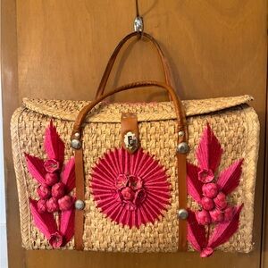 Mexican Straw Tote with Pink Accents (1980s)